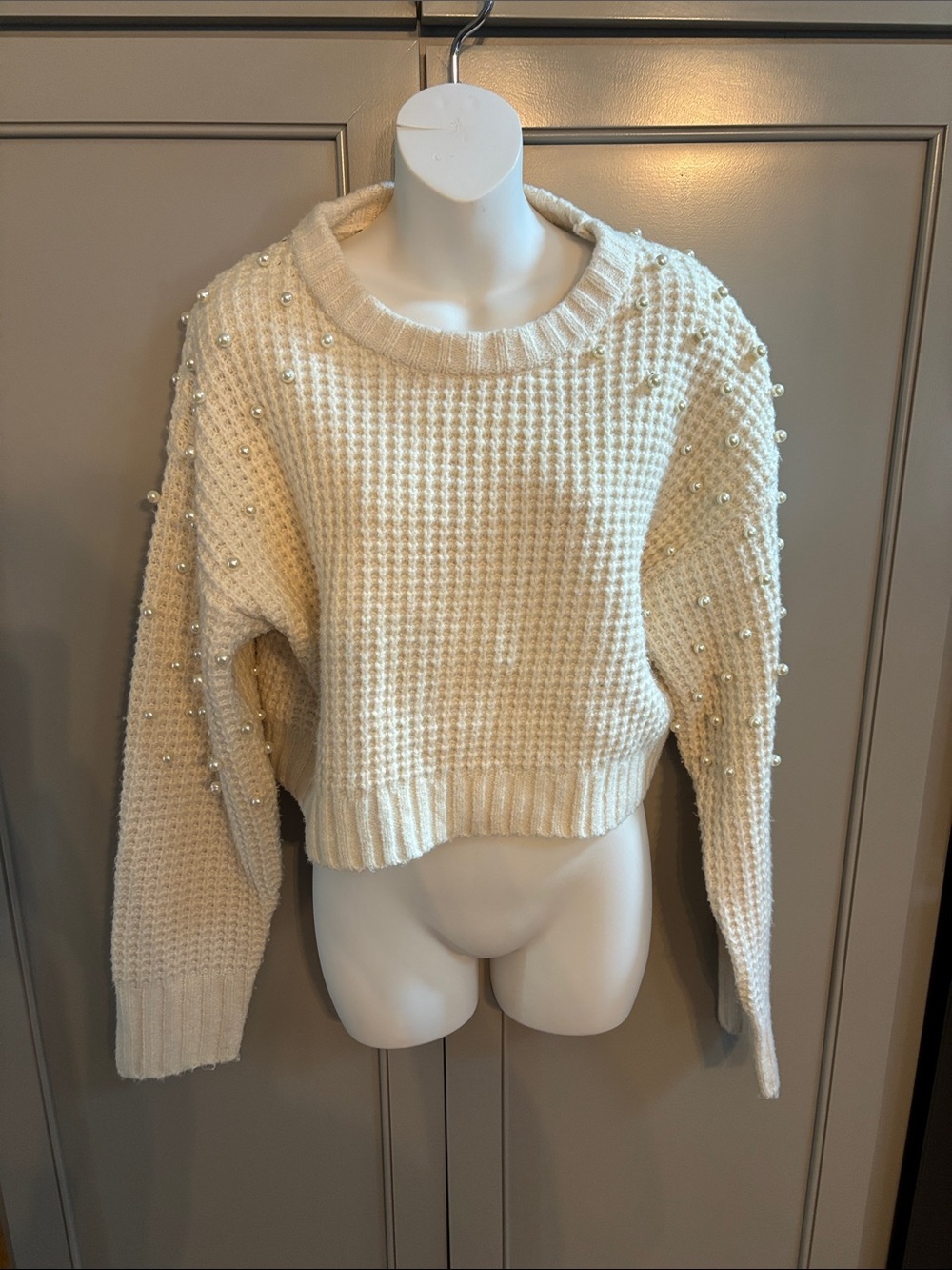 Altar'd State Cream Pearl-Embellished Waffle Knit Sweater M